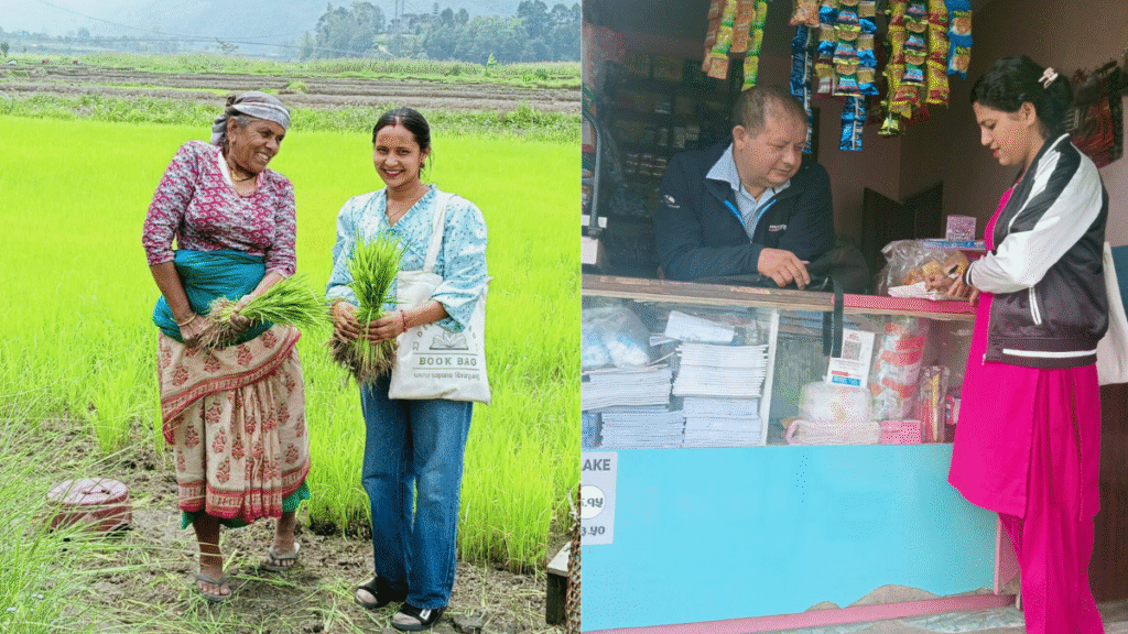 Librarian of the Sapana Library talks to villagers about promoting reading